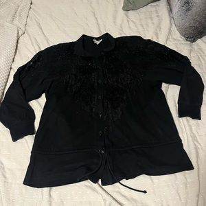 Vintage Oversized Cardigan with Lace Detail, Shoulder pads, and waist tie